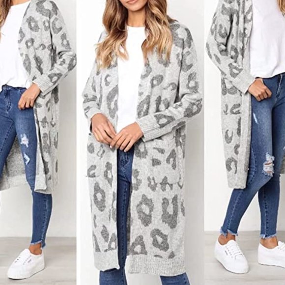 NWOT | Leopard Print Grey Long Sweater - Picture 1 of 2